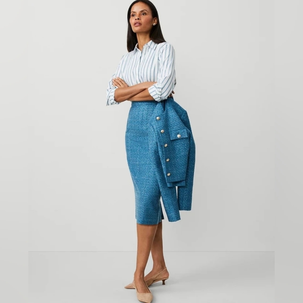 Ann Taylor Blue Tweed Jacket and Skirt Set